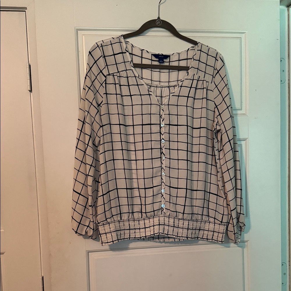Apt. 9 Cream Blouse with Black Windowpane Check